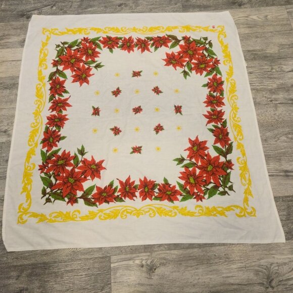 Vintage Christmas Tablecloth Poinsettia scroll Border Table Linen Retro1950s - Picture 3 of 10